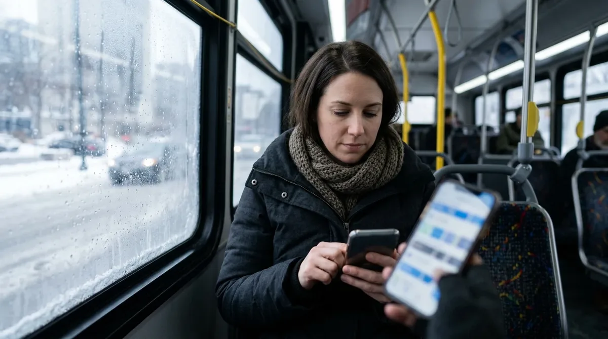 Mujer revisando la aplicación de su banco en el celular mientras viaja en autobús en Canadá
