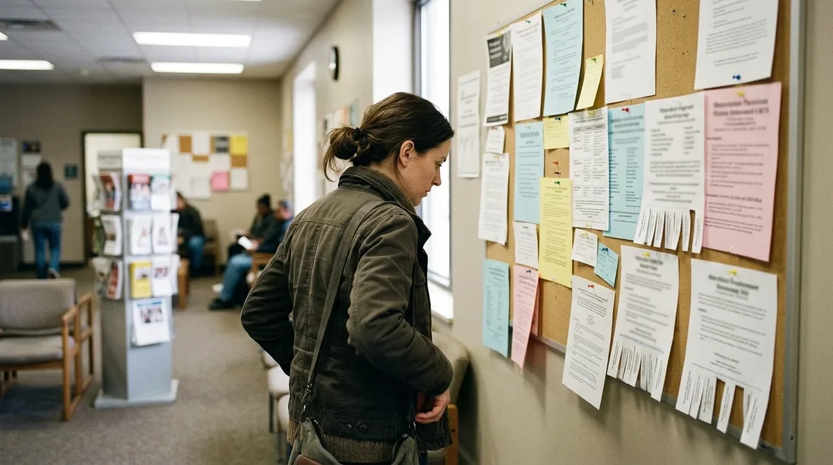 Mujer revisando ofertas de empleo en el tablero de un centro de empleo en Canadá