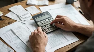 Manos usando una calculadora sobre formularios de impuestos y recibos en un escritorio
