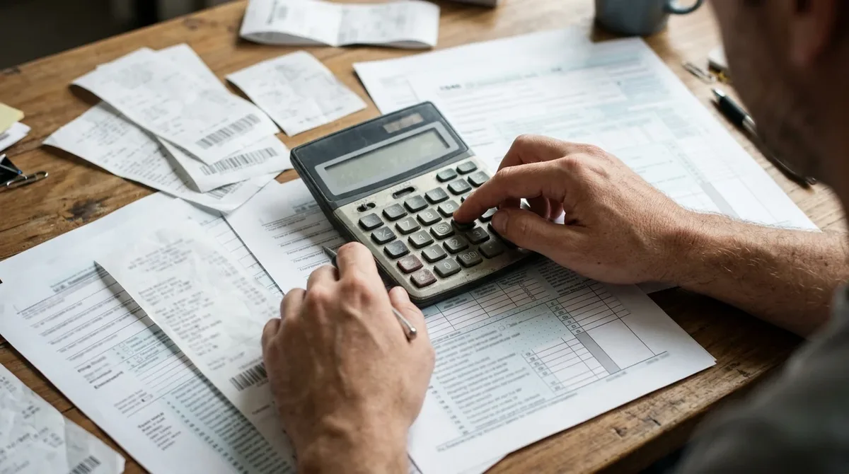 Manos usando una calculadora sobre formularios de impuestos y recibos en un escritorio