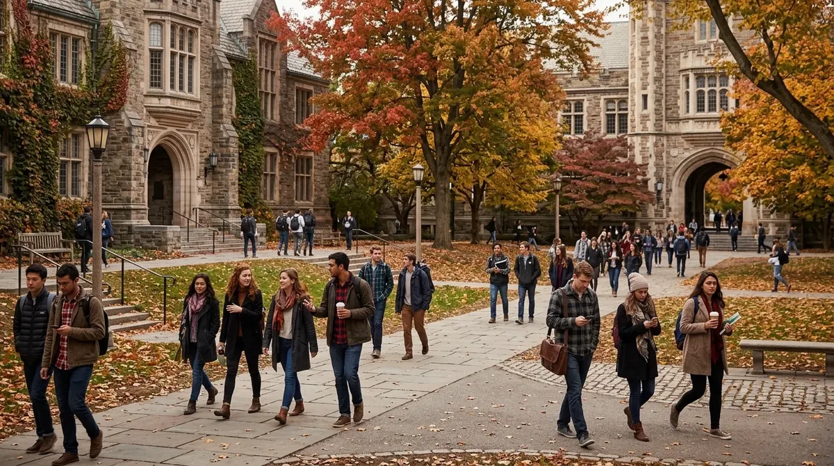 Estudiantes caminando por el campus de una universidad canadiense con edificios de piedra y árboles en otoño