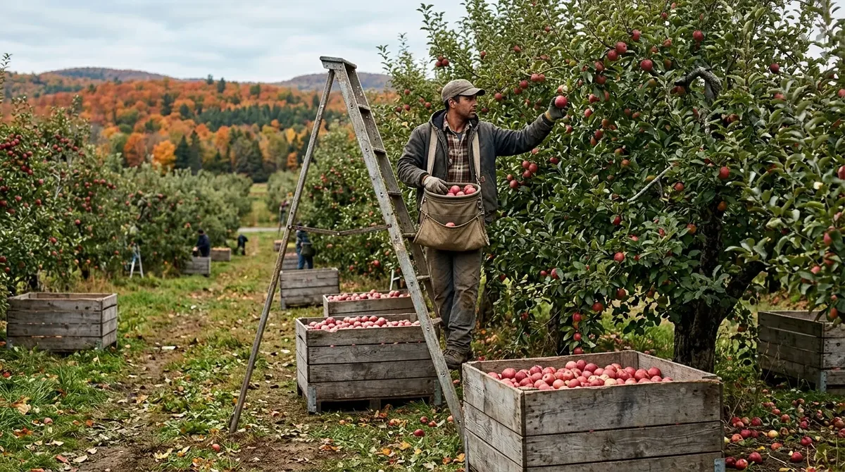 Trabajador agrícola de temporada cosechando manzanas en un huerto de Canadá en otoño