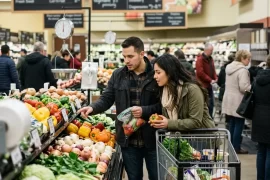 Pareja latina comparando precios de frutas y verduras en un supermercado de Canadá