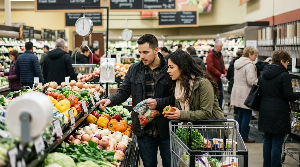 Pareja latina comparando precios de frutas y verduras en un supermercado de Canadá
