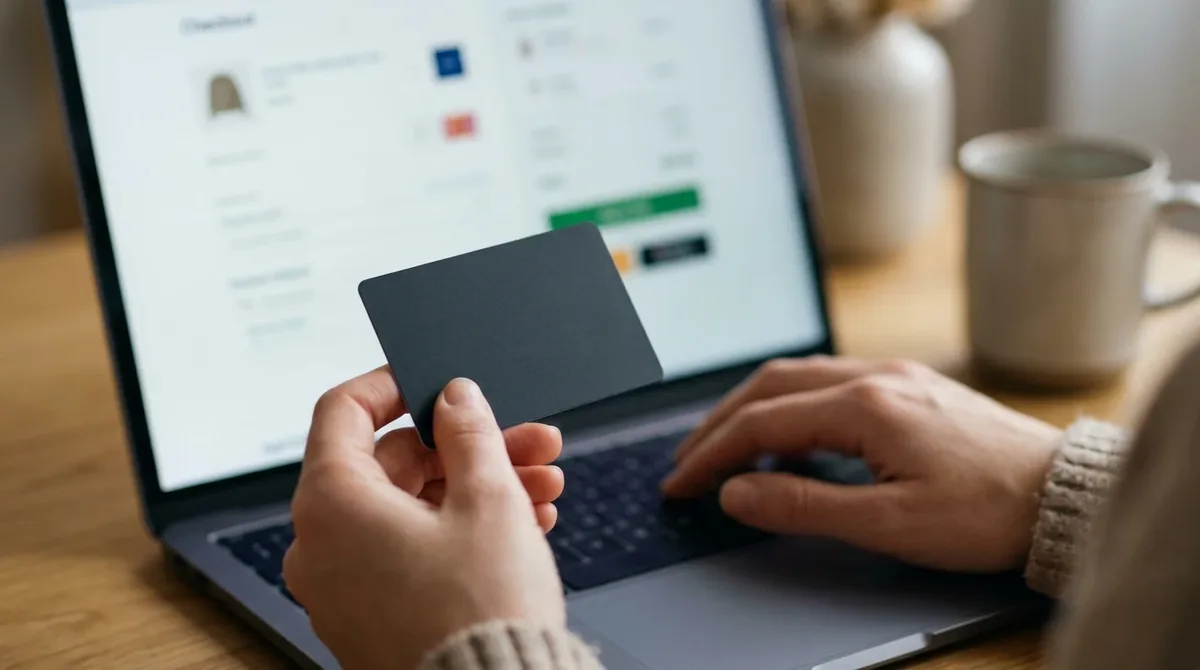 Persona pagando en línea una tarifa con tarjeta de crédito desde su laptop