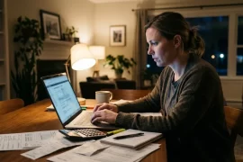 Mujer presentando su declaración de impuestos en línea desde su laptop en casa