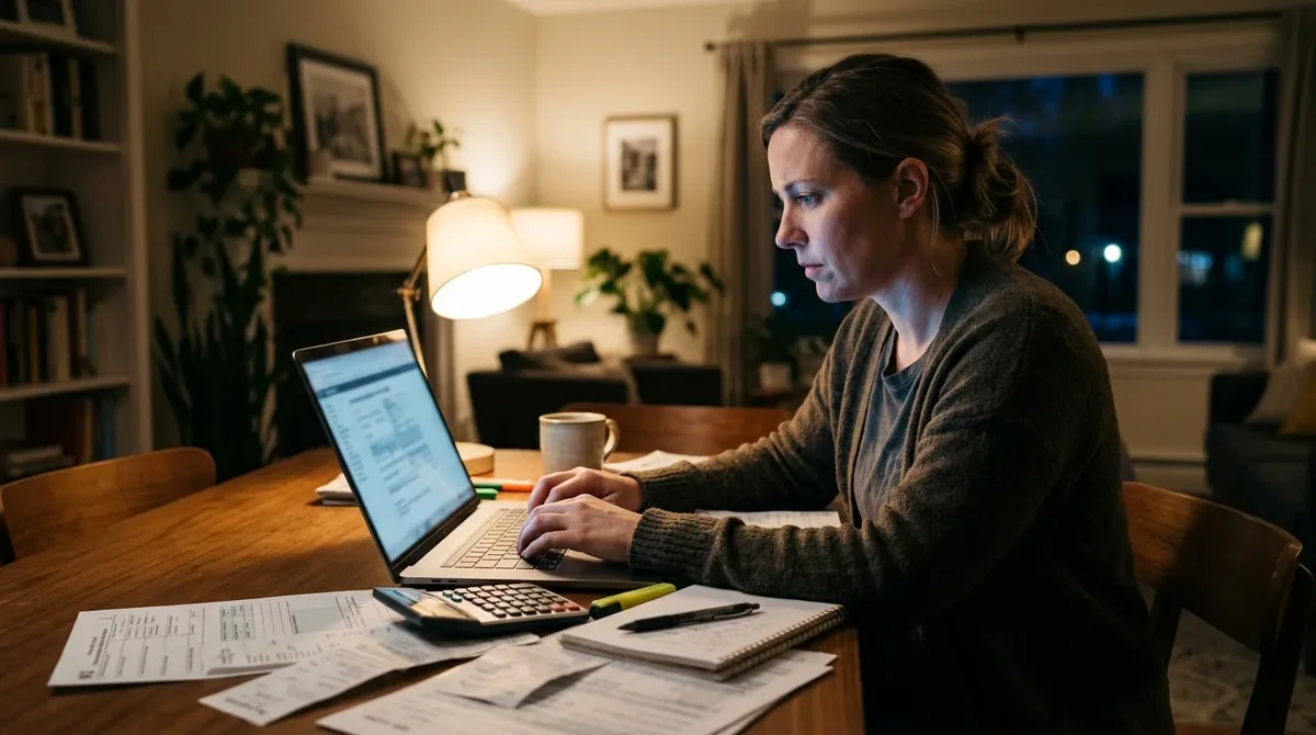 Mujer presentando su declaración de impuestos en línea desde su laptop en casa