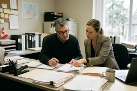 Empleador canadiense revisando documentos de contratación con una asistente de recursos humanos