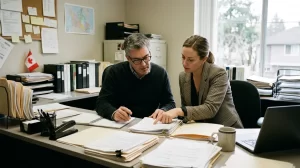 Empleador canadiense revisando documentos de contratación con una asistente de recursos humanos