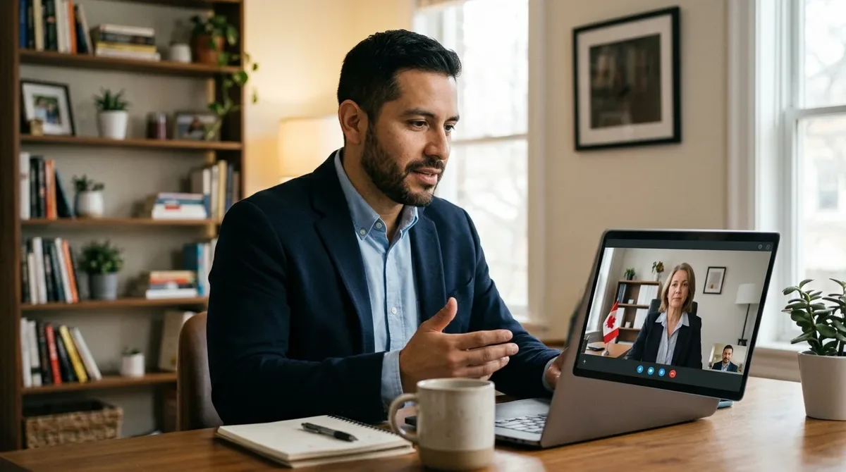 Hombre latino en una entrevista de trabajo por videollamada con un empleador canadiense