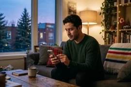 Hombre latino enviando dinero desde su celular en su departamento en Canadá