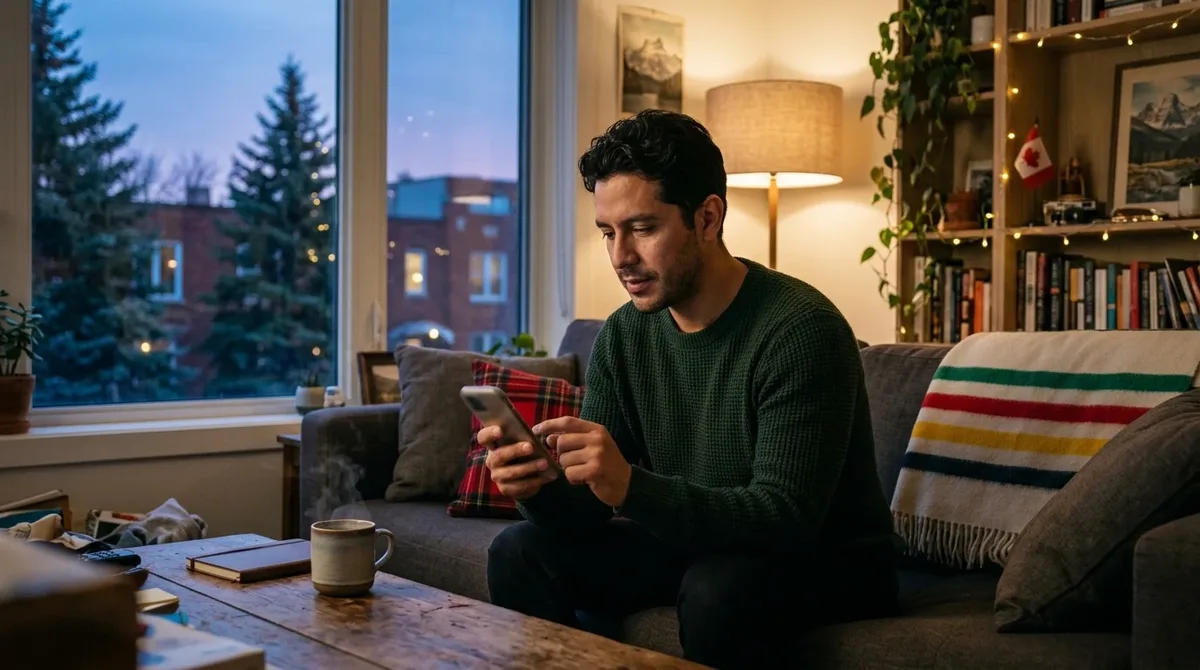 Hombre latino enviando dinero desde su celular en su departamento en Canadá