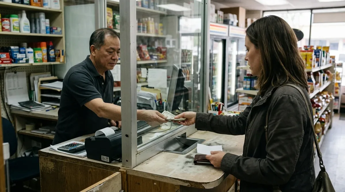 Mujer entregando efectivo en la ventanilla de una agencia de envío de dinero en Canadá