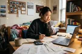 Estudiante internacional revisando documentos financieros y su laptop en una residencia estudiantil