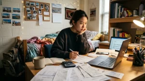 Estudiante internacional revisando documentos financieros y su laptop en una residencia estudiantil