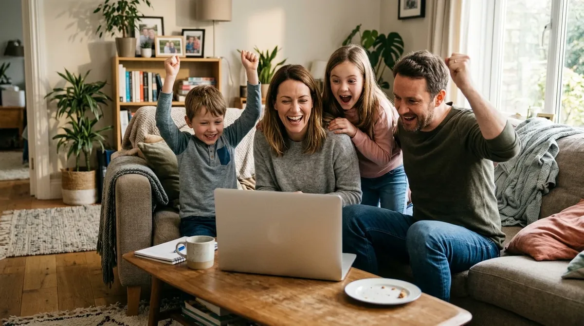 Familia celebrando frente a una laptop la invitación para la residencia permanente en Canadá