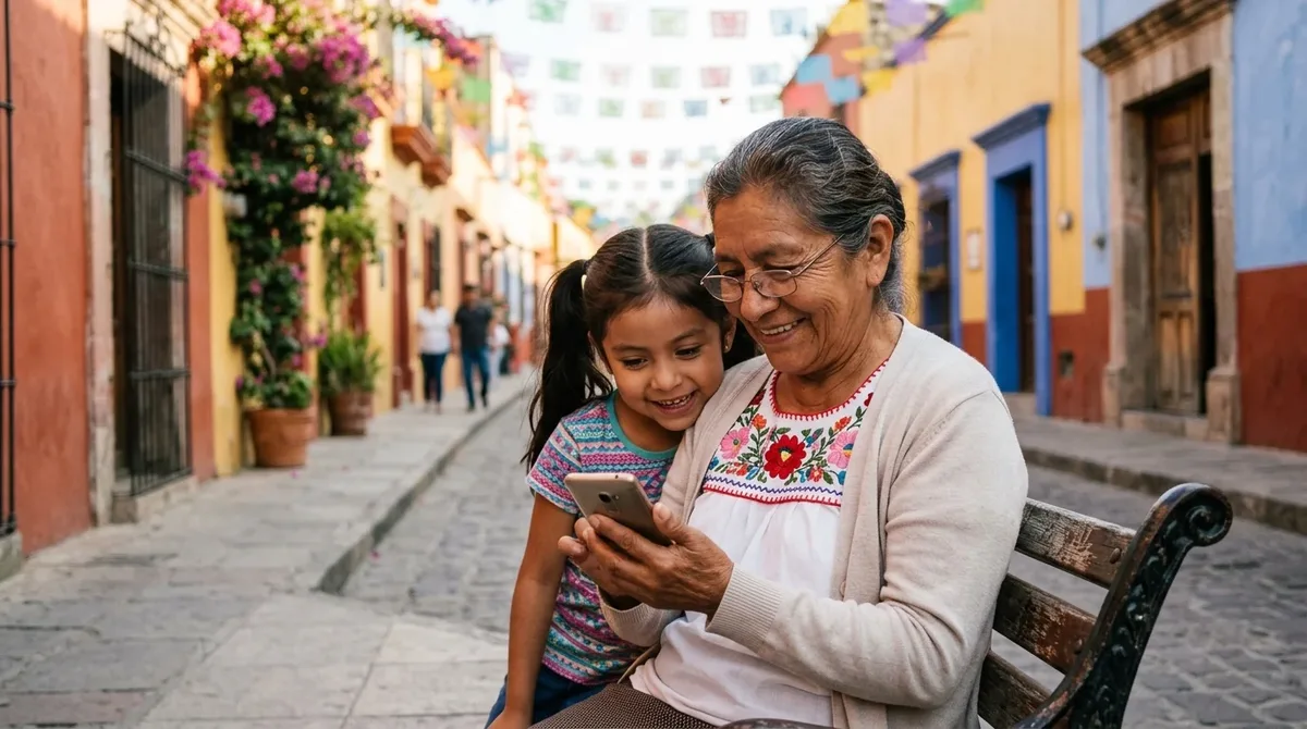 Abuela y nieto mexicanos revisando un mensaje en el celular en una calle colorida de un pueblo de México