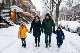 Familia latina con parkas caminando por una calle nevada en Canadá durante su primer invierno