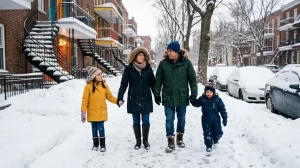 Familia latina con parkas caminando por una calle nevada en Canadá durante su primer invierno