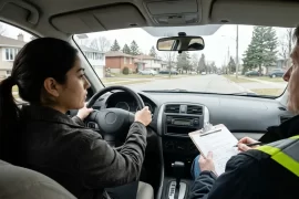 Mujer latina presentando el examen práctico de manejo en Canadá con un examinador en el asiento del copiloto