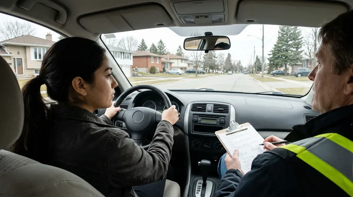 Mujer latina presentando el examen práctico de manejo en Canadá con un examinador en el asiento del copiloto