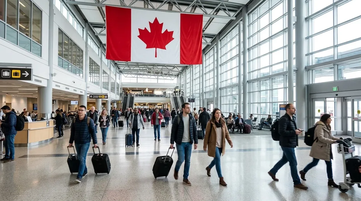 Viajeros caminando por la zona de llegadas de un aeropuerto de Canadá con una bandera canadiense colgada del techo