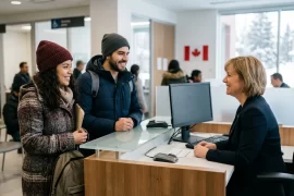 Pareja de inmigrantes latinos tramitando su número de seguro social (SIN) en una oficina de Service Canada