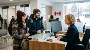 Pareja de inmigrantes latinos tramitando su número de seguro social (SIN) en una oficina de Service Canada