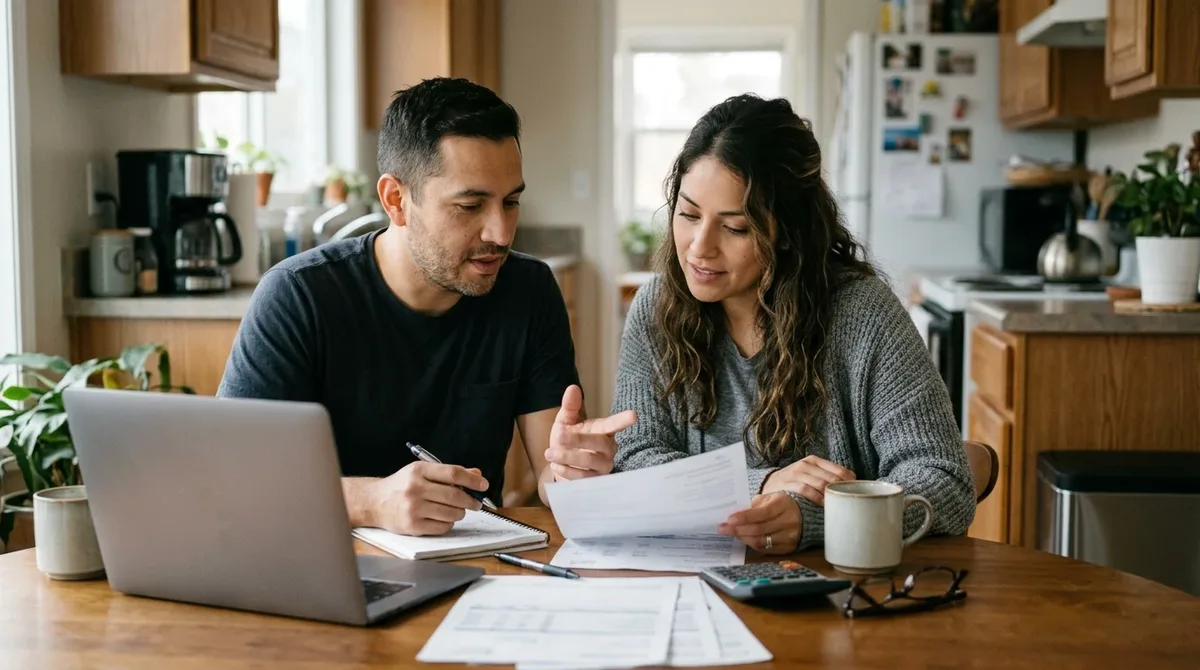 Pareja latina revisando sus finanzas en la mesa de la cocina con una laptop y documentos