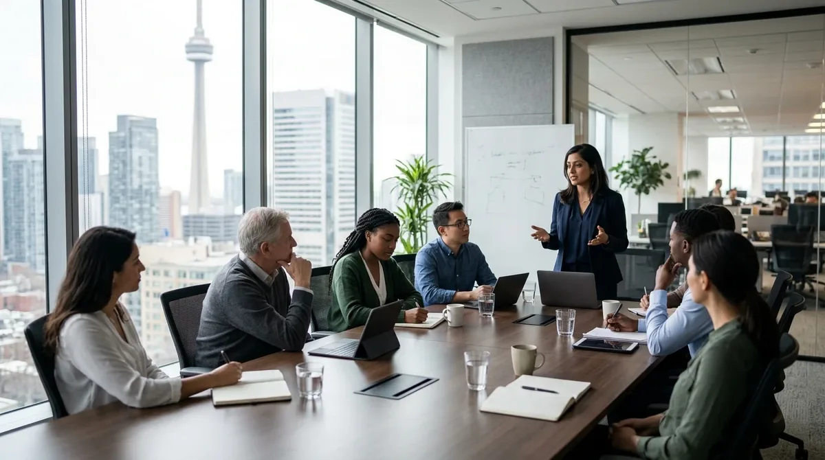 Grupo de profesionales de distintos orígenes en una sala de juntas de una oficina en Toronto