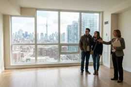Pareja visitando un departamento en renta con el arrendador en una ciudad de Canadá