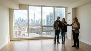 Pareja visitando un departamento en renta con el arrendador en una ciudad de Canadá
