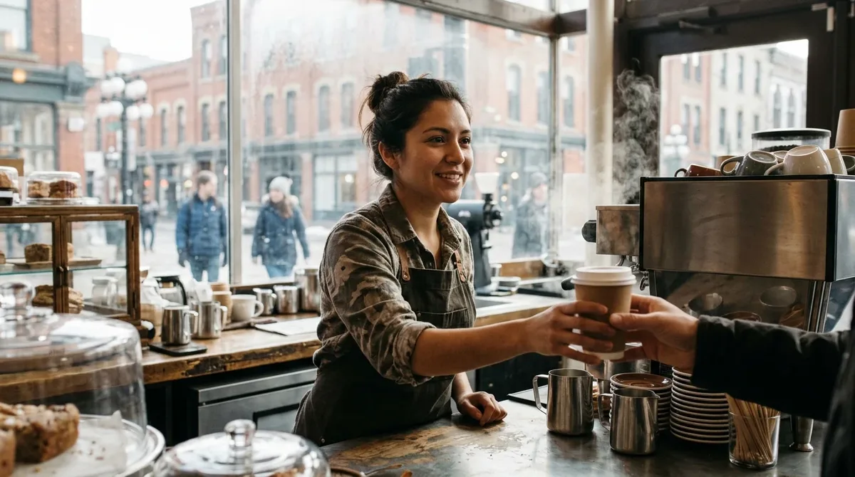 Barista latina atendiendo a un cliente en una cafetería de Canadá, empleo con salario mínimo