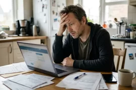 Hombre revisando documentos y su laptop en la cocina para solicitar el seguro de desempleo en Canadá