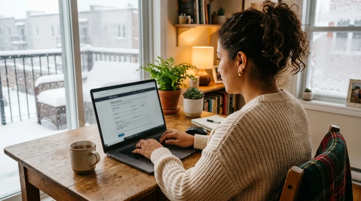 Mujer latina llenando la solicitud del SIN en línea desde su laptop en un departamento en Canadá