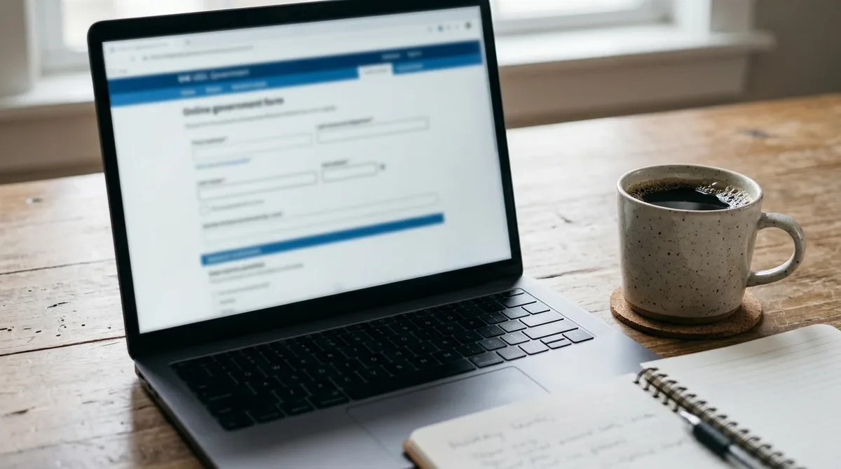 Laptop con un formulario del gobierno en línea junto a una taza de café, solicitud del seguro de desempleo