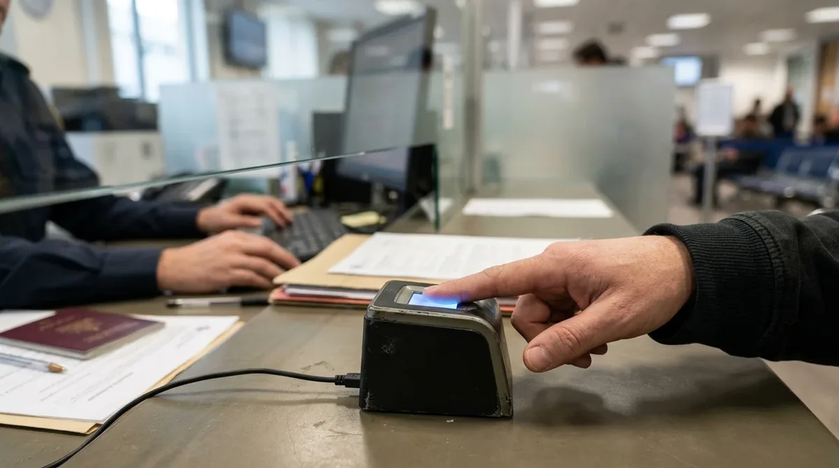 Persona registrando sus huellas en un escáner de datos biométricos en un centro de solicitud de visas
