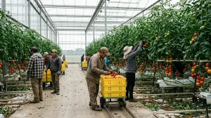 Trabajadores agrícolas mexicanos cosechando jitomates dentro de un invernadero en Ontario