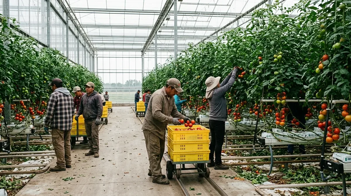 Trabajadores agrícolas mexicanos cosechando jitomates dentro de un invernadero en Ontario