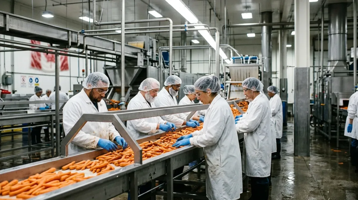 Trabajadores con cofia y bata blanca en una línea de procesamiento de alimentos en una planta de Canadá