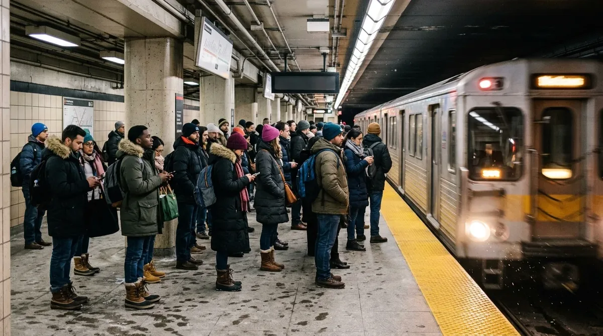 Pasajeros esperando el metro en una estación de una ciudad canadiense en invierno