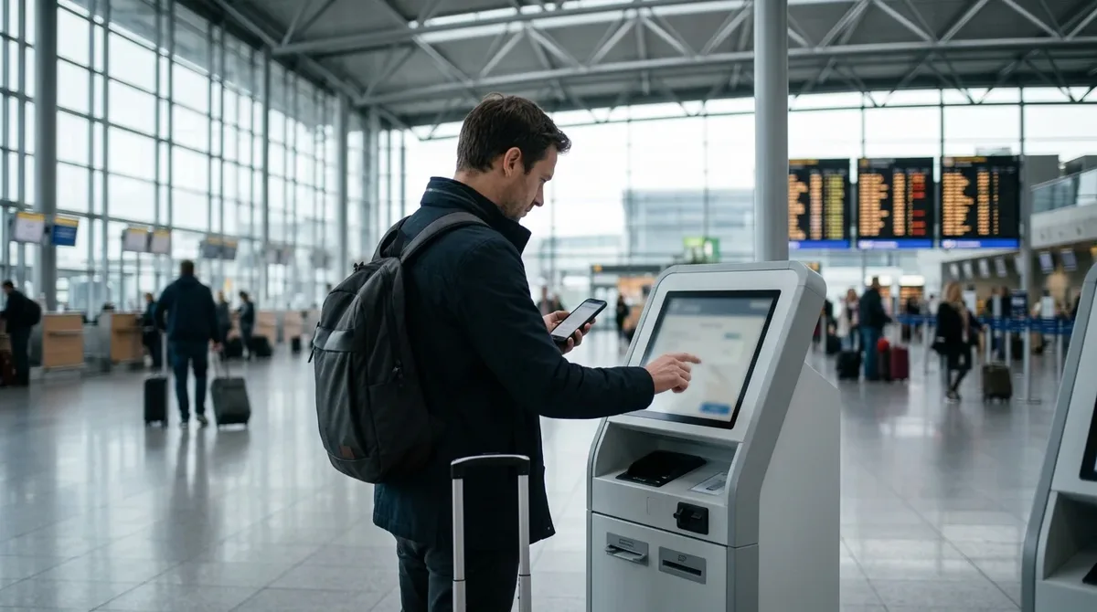 Viajero registrándose en un quiosco del aeropuerto con su celular en la mano