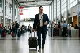 Visa de trabajo para Canadá siendo mexicano: opciones reales en 2026 Profesional mexicano llegando a un aeropuerto de Canadá con su maleta
