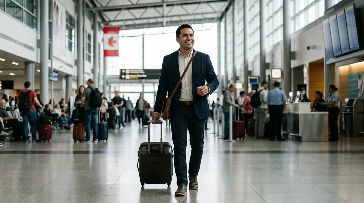 Profesional mexicano llegando a un aeropuerto de Canadá con su maleta